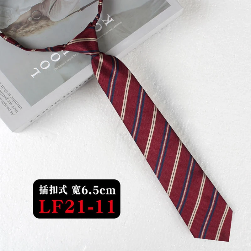 JK Ties Women Casual Striped Lazy Tie Brown Navy Red Polyester Neckties Handmade Lazy Tie Shirt Uniform Knot Free Short Cravat