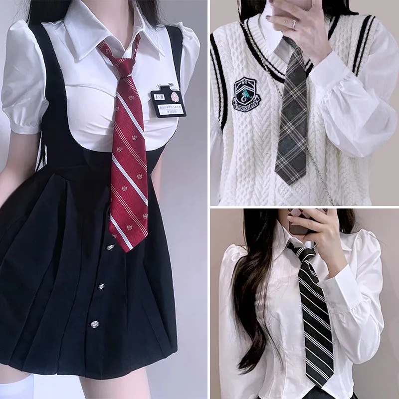 JK Ties Women Casual Striped Lazy Tie Brown Navy Red Polyester Neckties Handmade Lazy Tie Shirt Uniform Knot Free Short Cravat