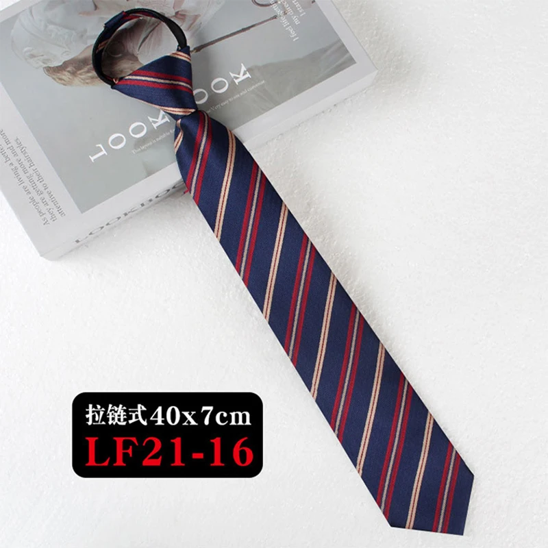 JK Ties Women Casual Striped Lazy Tie Brown Navy Red Polyester Neckties Handmade Lazy Tie Shirt Uniform Knot Free Short Cravat