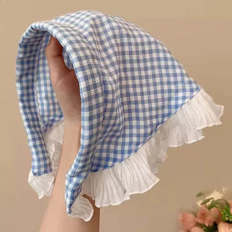 1 country-style lace headband, new triangular headband, French retro checkered sweet and cute headscarf