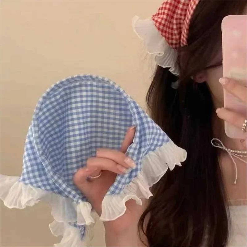 1 country-style lace headband, new triangular headband, French retro checkered sweet and cute headscarf