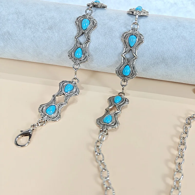 Retro Silver Bohemian Women's Waist Chain Belt Female Luxury Designer Blue Gemstone Chain Western Cowboy Skirts Dress Jeans Belt