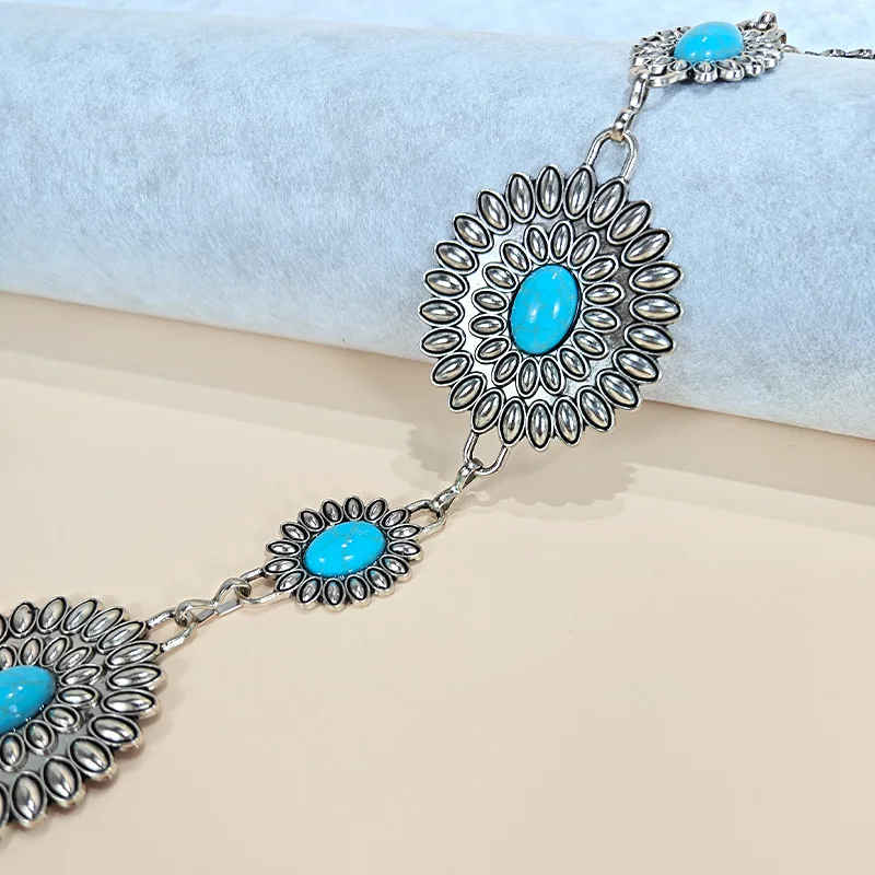 Retro Silver Bohemian Women's Waist Chain Belt Female Luxury Designer Blue Gemstone Chain Western Cowboy Skirts Dress Jeans Belt