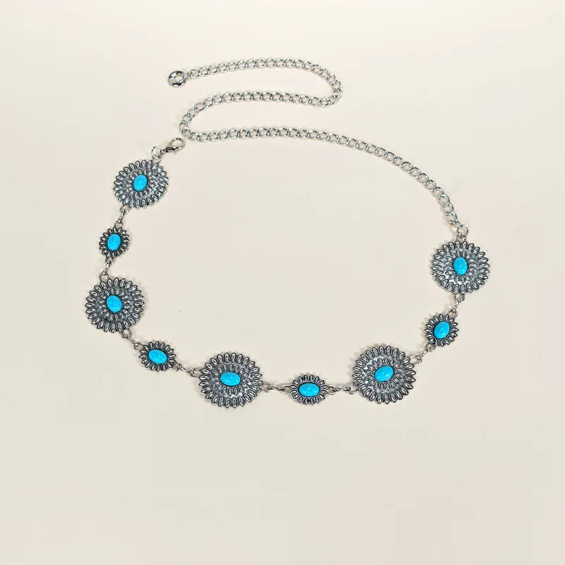 Retro Silver Bohemian Women's Waist Chain Belt Female Luxury Designer Blue Gemstone Chain Western Cowboy Skirts Dress Jeans Belt