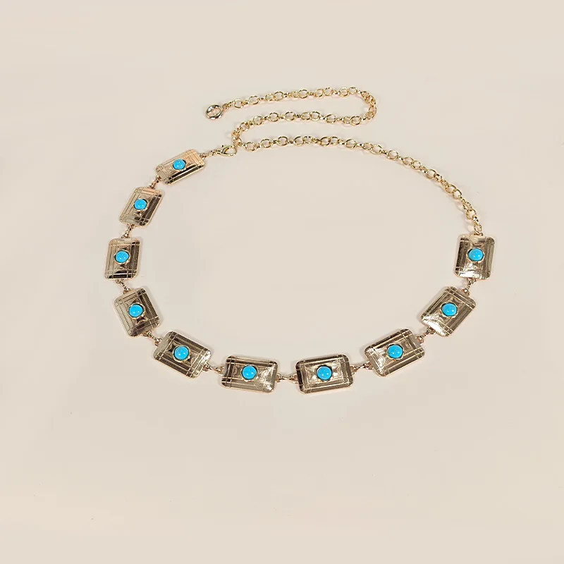 Retro Silver Bohemian Women's Waist Chain Belt Female Luxury Designer Blue Gemstone Chain Western Cowboy Skirts Dress Jeans Belt