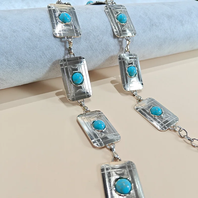 Retro Silver Bohemian Women's Waist Chain Belt Female Luxury Designer Blue Gemstone Chain Western Cowboy Skirts Dress Jeans Belt