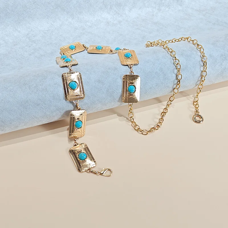 Retro Silver Bohemian Women's Waist Chain Belt Female Luxury Designer Blue Gemstone Chain Western Cowboy Skirts Dress Jeans Belt