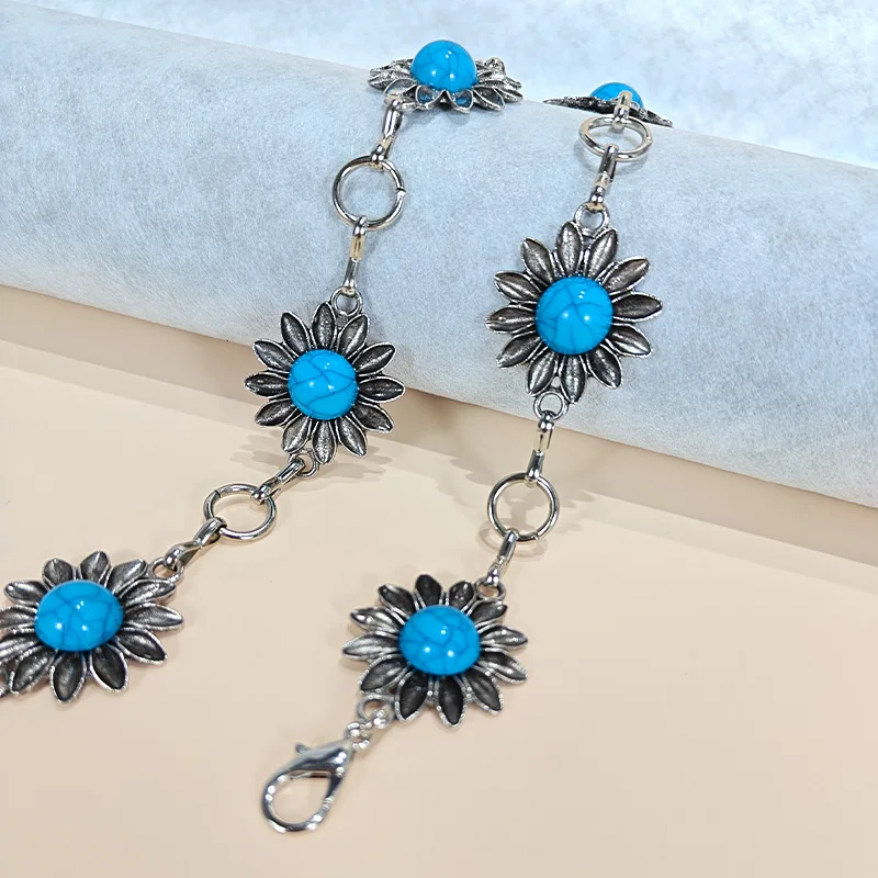 Retro Silver Bohemian Women's Waist Chain Belt Female Luxury Designer Blue Gemstone Chain Western Cowboy Skirts Dress Jeans Belt