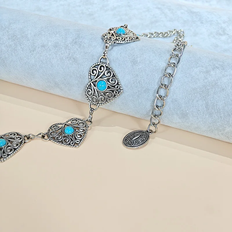Retro Silver Bohemian Women's Waist Chain Belt Female Luxury Designer Blue Gemstone Chain Western Cowboy Skirts Dress Jeans Belt