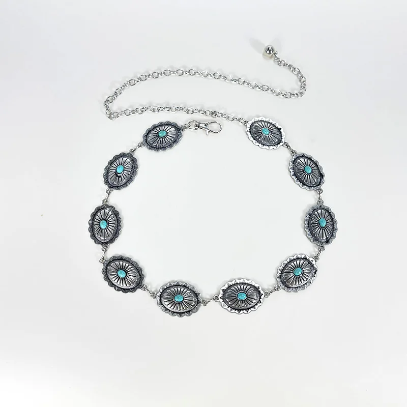 Retro Silver Bohemian Women's Waist Chain Belt Female Luxury Designer Blue Gemstone Chain Western Cowboy Skirts Dress Jeans Belt