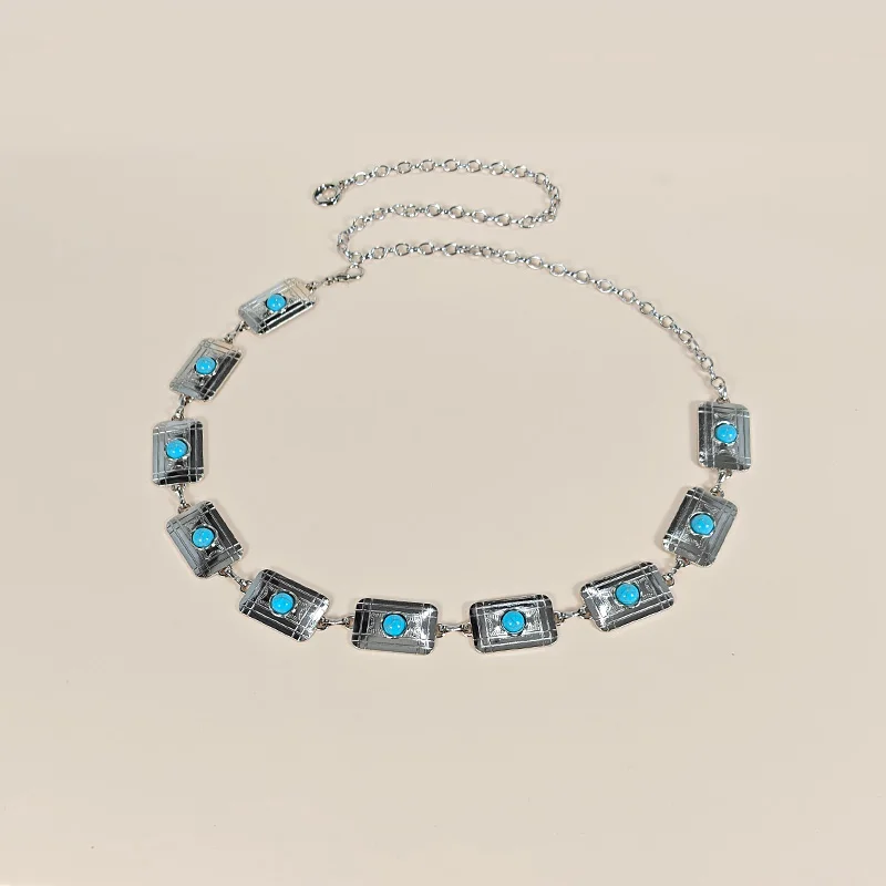 Retro Silver Bohemian Women's Waist Chain Belt Female Luxury Designer Blue Gemstone Chain Western Cowboy Skirts Dress Jeans Belt