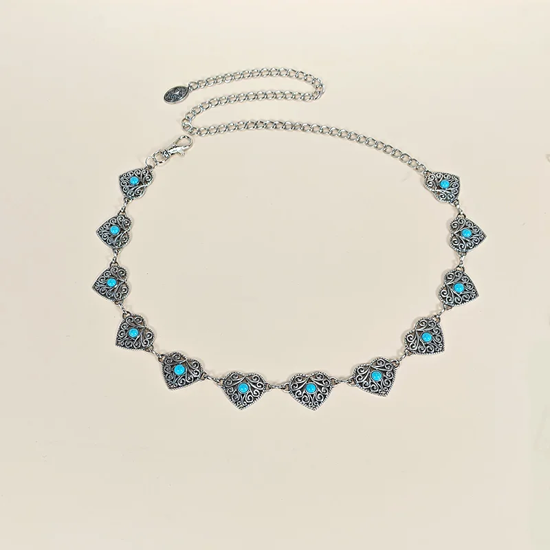 Retro Silver Bohemian Women's Waist Chain Belt Female Luxury Designer Blue Gemstone Chain Western Cowboy Skirts Dress Jeans Belt