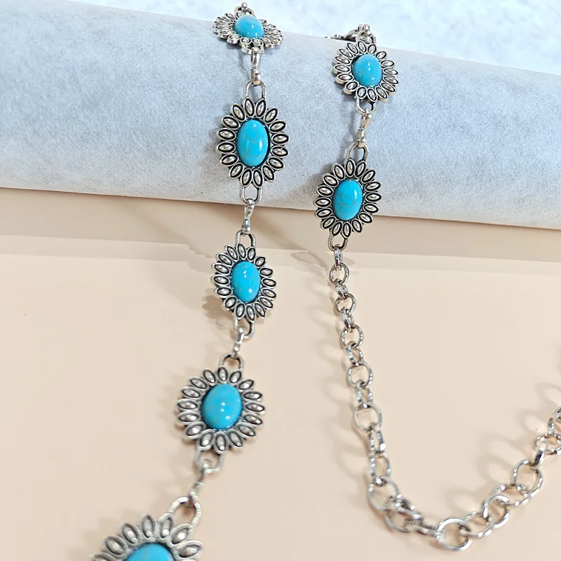 Retro Silver Bohemian Women's Waist Chain Belt Female Luxury Designer Blue Gemstone Chain Western Cowboy Skirts Dress Jeans Belt
