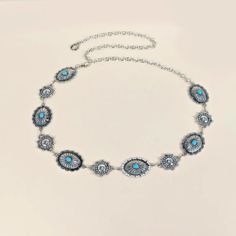 Retro Silver Bohemian Women's Waist Chain Belt Female Luxury Designer Blue Gemstone Chain Western Cowboy Skirts Dress Jeans Belt