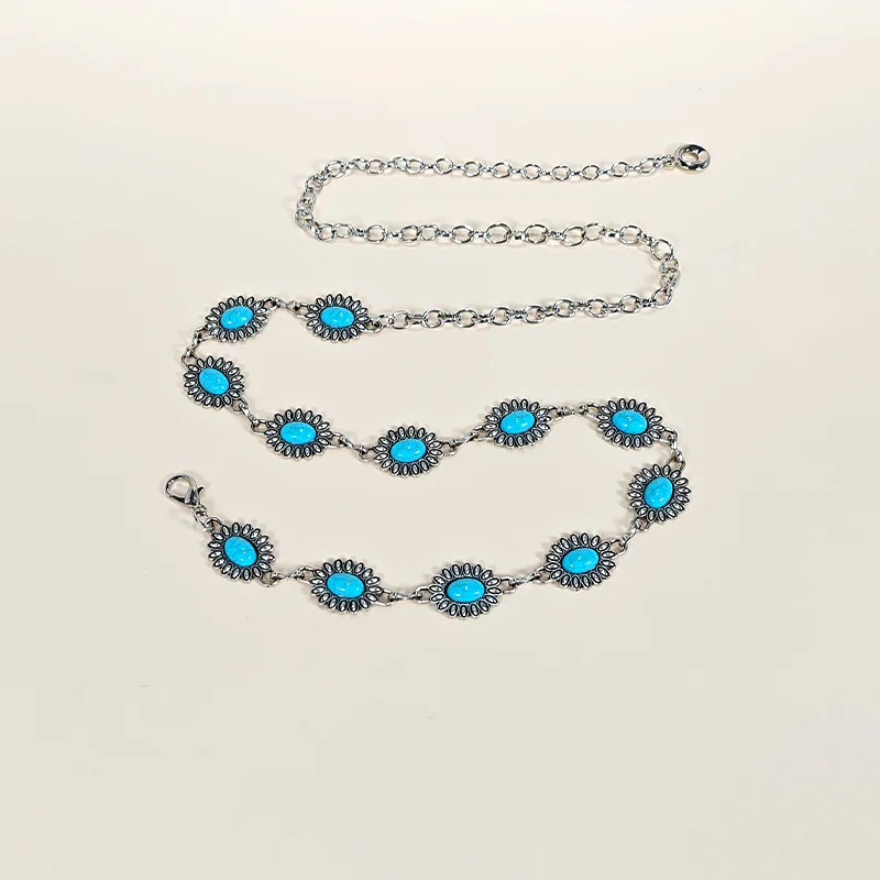 Retro Silver Bohemian Women's Waist Chain Belt Female Luxury Designer Blue Gemstone Chain Western Cowboy Skirts Dress Jeans Belt