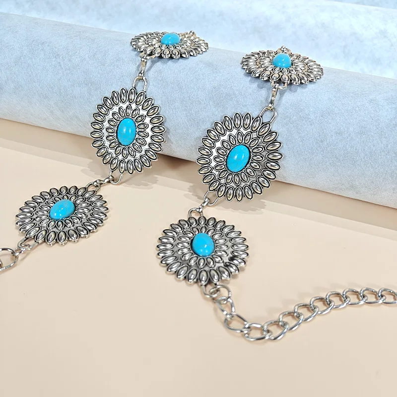 Retro Silver Bohemian Women's Waist Chain Belt Female Luxury Designer Blue Gemstone Chain Western Cowboy Skirts Dress Jeans Belt