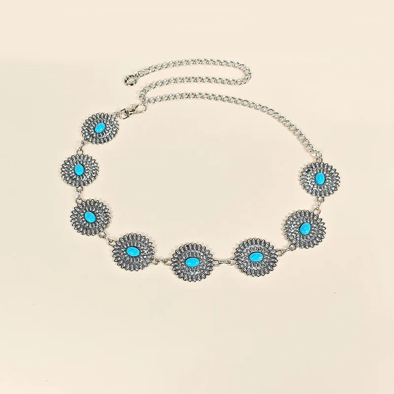 Retro Silver Bohemian Women's Waist Chain Belt Female Luxury Designer Blue Gemstone Chain Western Cowboy Skirts Dress Jeans Belt