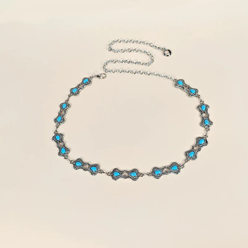 Retro Silver Bohemian Women's Waist Chain Belt Female Luxury Designer Blue Gemstone Chain Western Cowboy Skirts Dress Jeans Belt