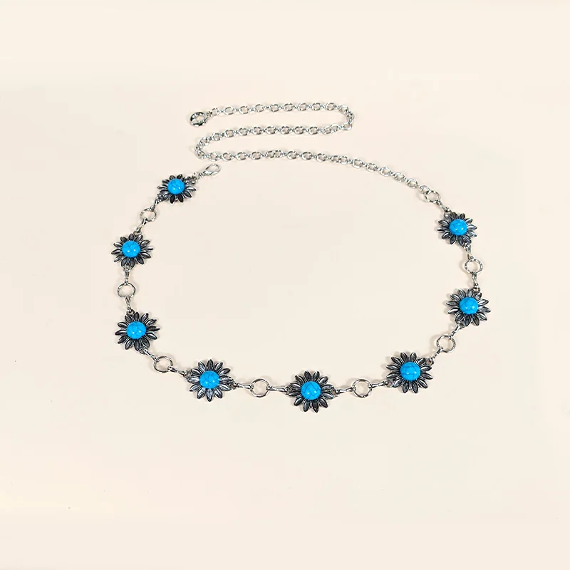 Retro Silver Bohemian Women's Waist Chain Belt Female Luxury Designer Blue Gemstone Chain Western Cowboy Skirts Dress Jeans Belt
