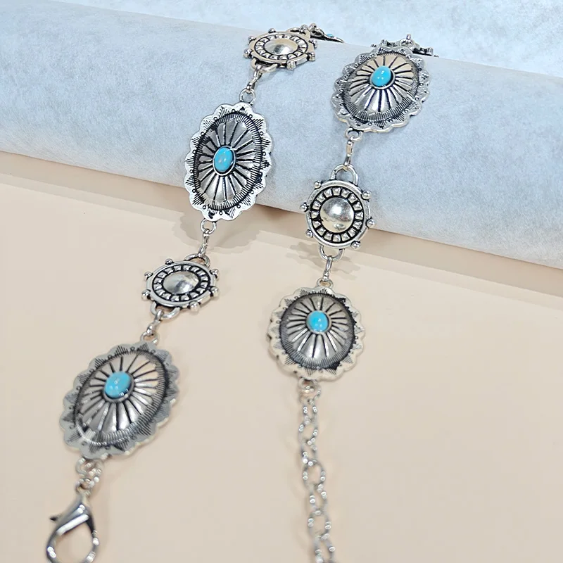Retro Silver Bohemian Women's Waist Chain Belt Female Luxury Designer Blue Gemstone Chain Western Cowboy Skirts Dress Jeans Belt