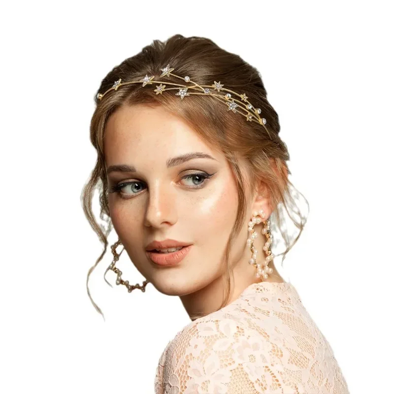 Star Leaves Rhinestones Headbands for Women Imitation Pearl Multi-layer Hollow Hair Hoop French Elegant Dedicate Party Tiaras V1