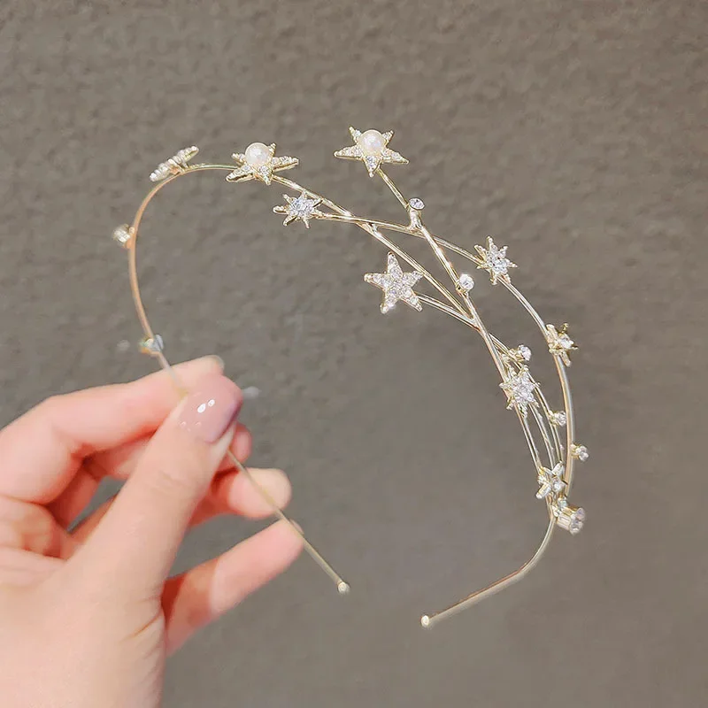 Star Leaves Rhinestones Headbands for Women Imitation Pearl Multi-layer Hollow Hair Hoop French Elegant Dedicate Party Tiaras V1