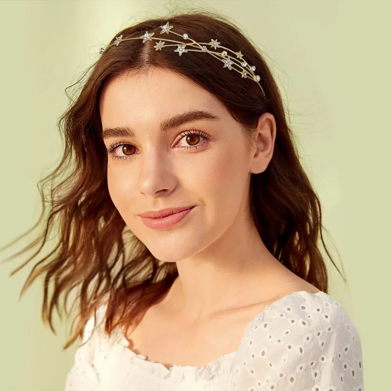 Star Leaves Rhinestones Headbands for Women Imitation Pearl Multi-layer Hollow Hair Hoop French Elegant Dedicate Party Tiaras V1