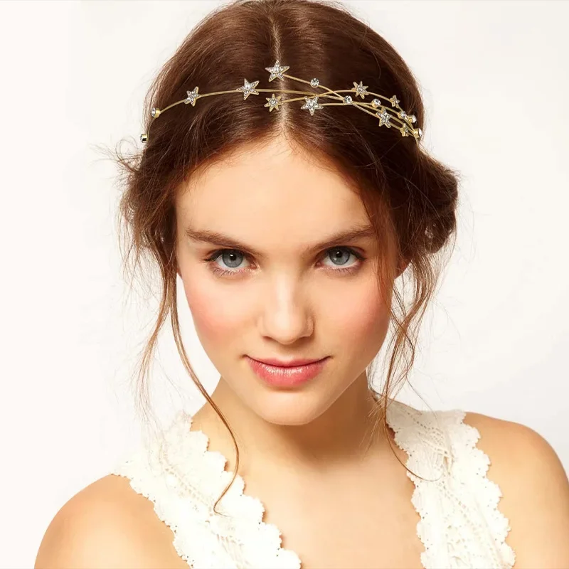 Star Leaves Rhinestones Headbands for Women Imitation Pearl Multi-layer Hollow Hair Hoop French Elegant Dedicate Party Tiaras V1
