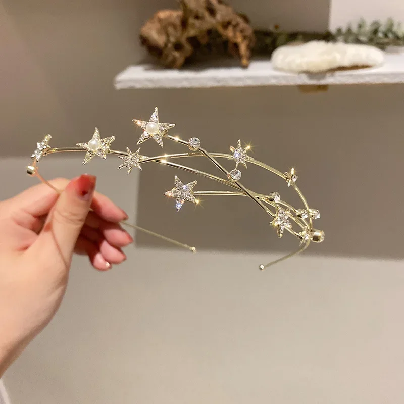 Star Leaves Rhinestones Headbands for Women Imitation Pearl Multi-layer Hollow Hair Hoop French Elegant Dedicate Party Tiaras V1