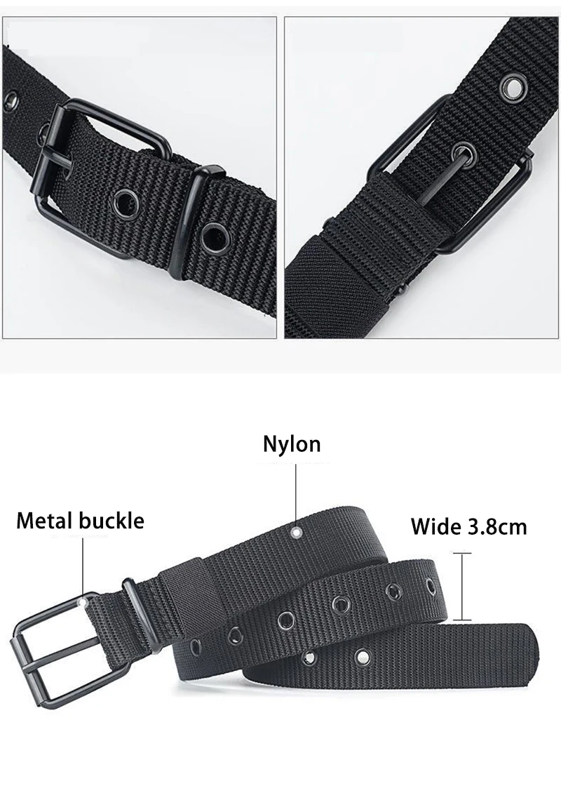 Men's Belt Porous Canvas Pin Buckle Leather Belt Outdoor Sports Tactics Belt Women's Trendy Eyelet Belt with Jeans Belt Women