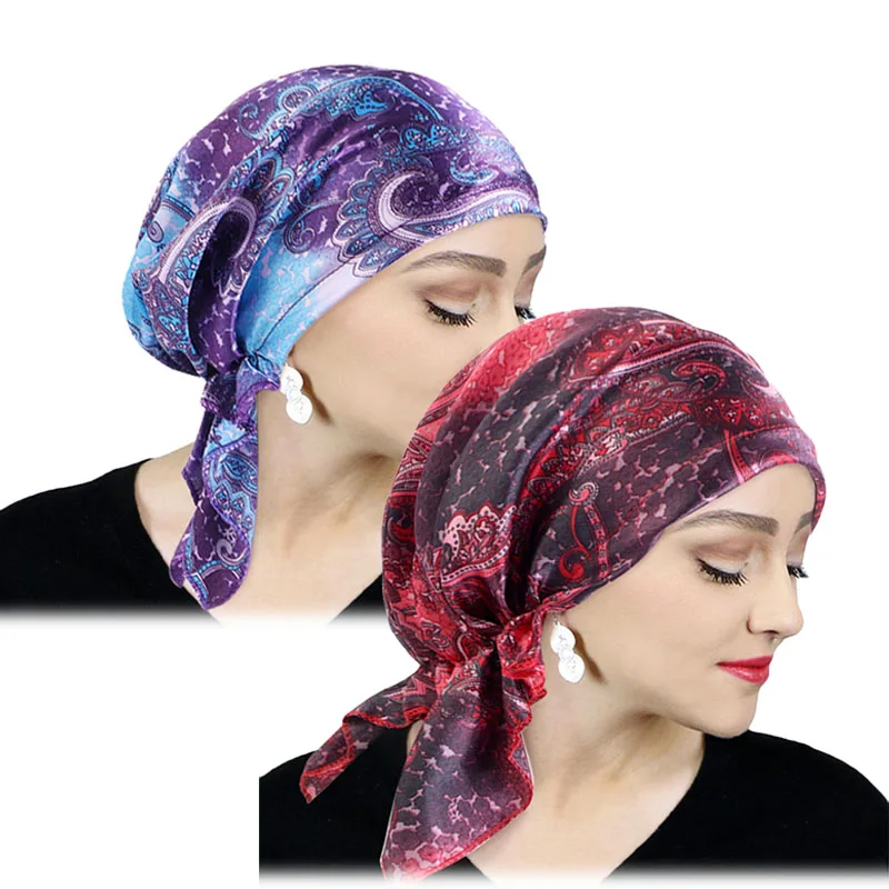 Women Satin Pre-tied Turban Newly Paisley Pattern Muslim Headband Soft Flexib Hair Scarf Chemo Cap Leadies Head Wrap Bandana