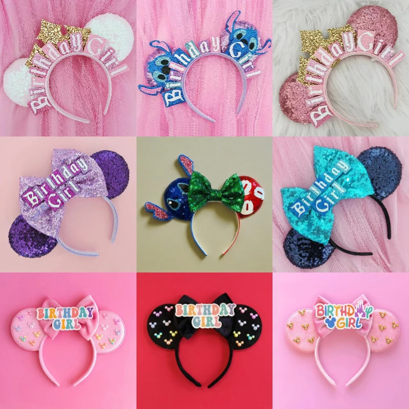 Cartoon Stitch Headbands For Women Letters Birthday Girl Hairband Kids Happy Mickey Ears Hair Accessories Adults Disney Headwear