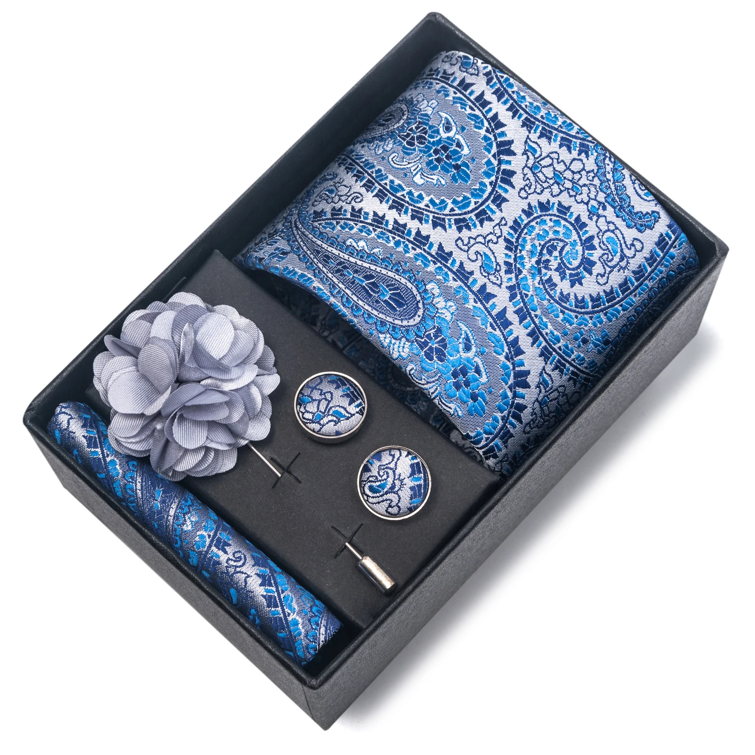 2025 New Design Brand 8 cm Blue Striped Tie Handkerchief Cufflink Brooch Set Man Gift Box Wedding Gift Fit Formal Party