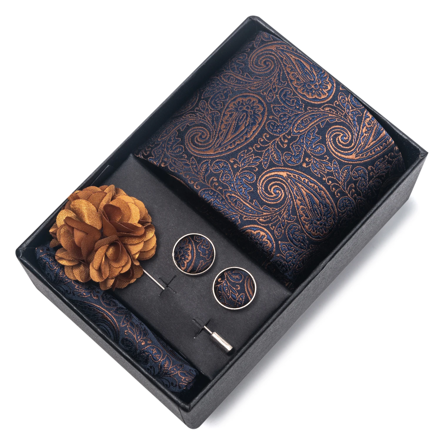 2025 New Design Brand 8 cm Blue Striped Tie Handkerchief Cufflink Brooch Set Man Gift Box Wedding Gift Fit Formal Party