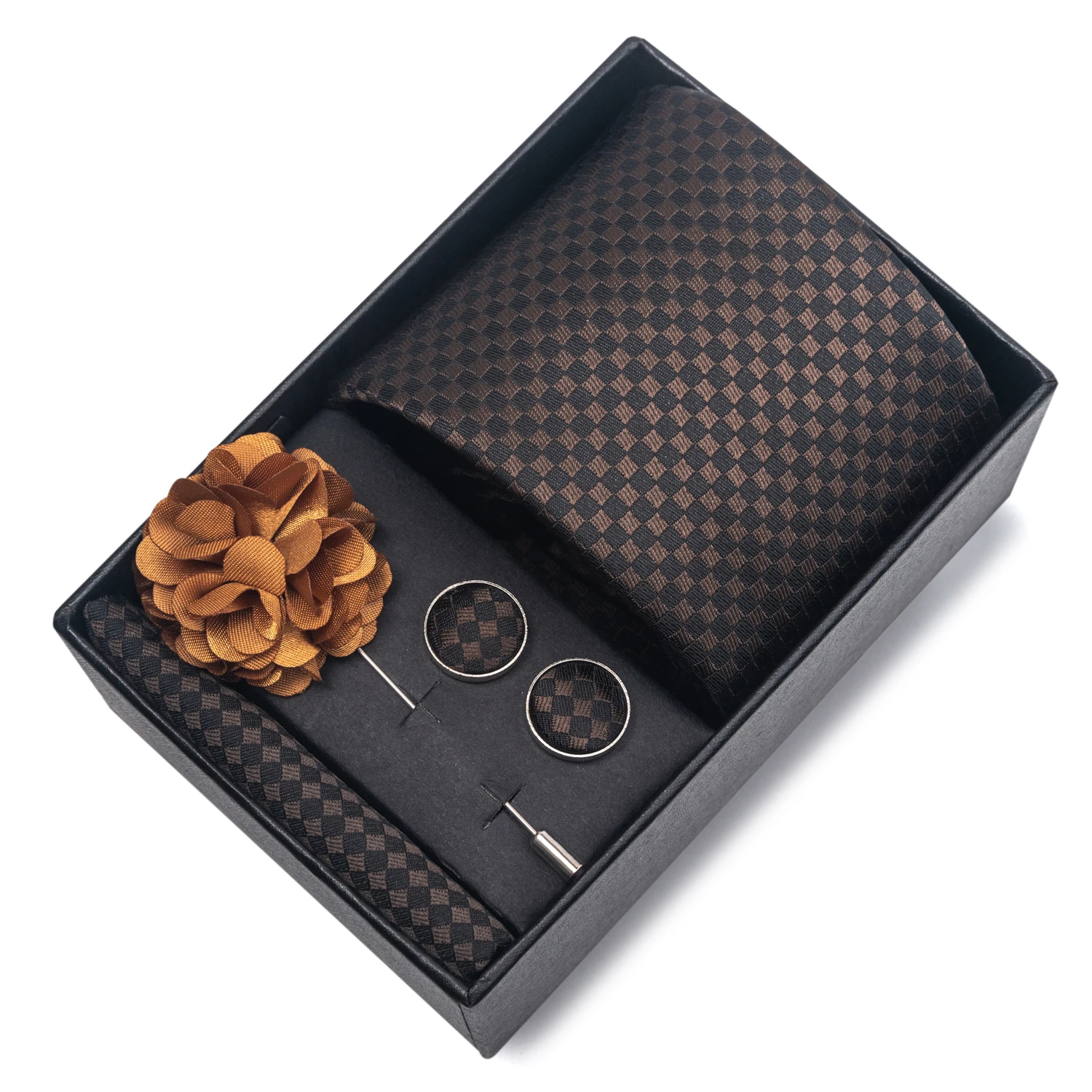 2025 New Design Brand 8 cm Blue Striped Tie Handkerchief Cufflink Brooch Set Man Gift Box Wedding Gift Fit Formal Party