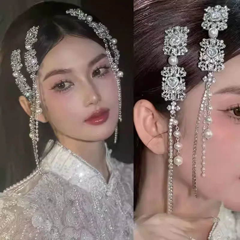 Full Rhinestones Imitation Pearls Long Tassel Ethnic Style Duckbill Hair Clips Bride's Wedding Headwear for Women New in 2026