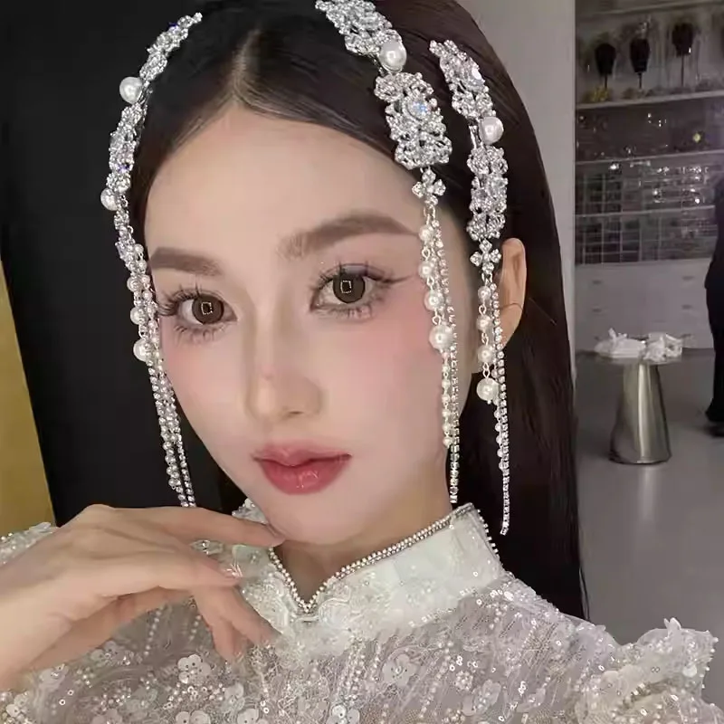 Full Rhinestones Imitation Pearls Long Tassel Ethnic Style Duckbill Hair Clips Bride's Wedding Headwear for Women New in 2026