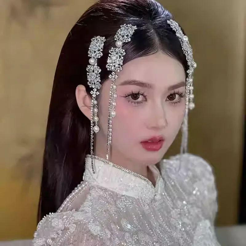 Full Rhinestones Imitation Pearls Long Tassel Ethnic Style Duckbill Hair Clips Bride's Wedding Headwear for Women New in 2026