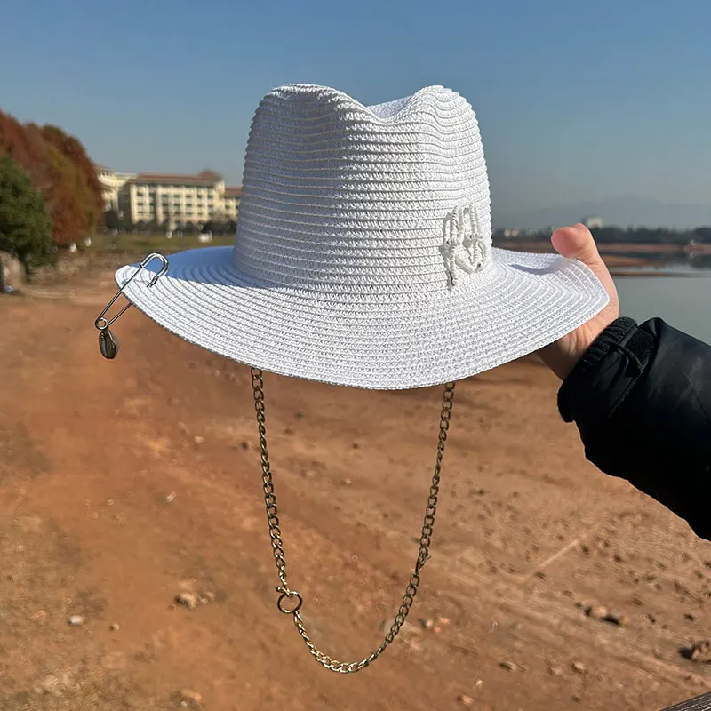 Summer Fedora Hat Metal Chain Beach Hats Customized New English Letter Hats For Men And Women Panama Punk Hats Derby Party Hat