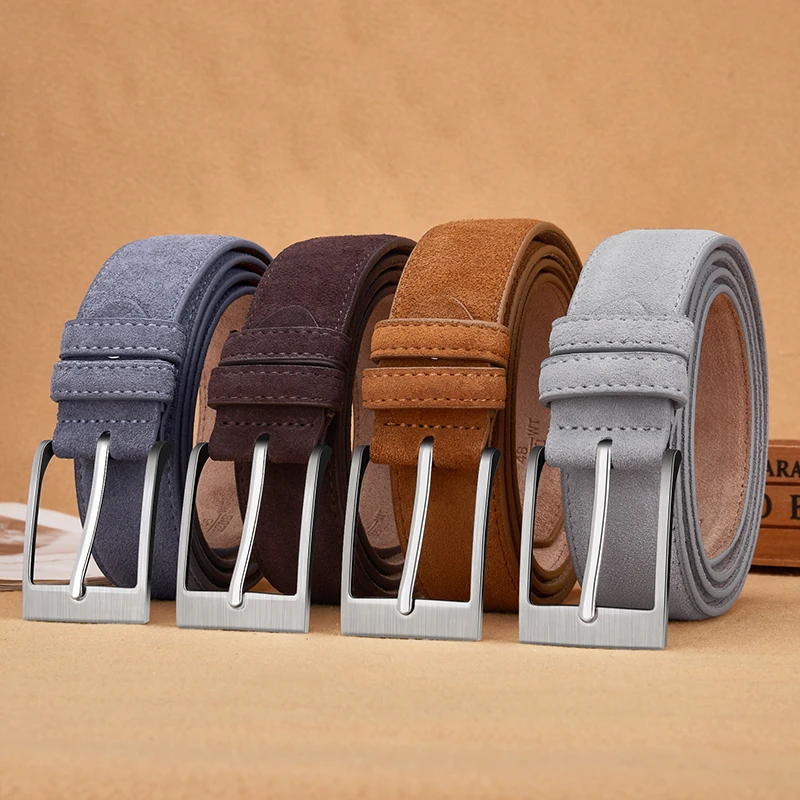 Sude Belt Cowskin Genuine Leather For Man And Lady With Oxford Fabric Strap Genuine Leather Luxury Pin Buckle Blue Gray Belts