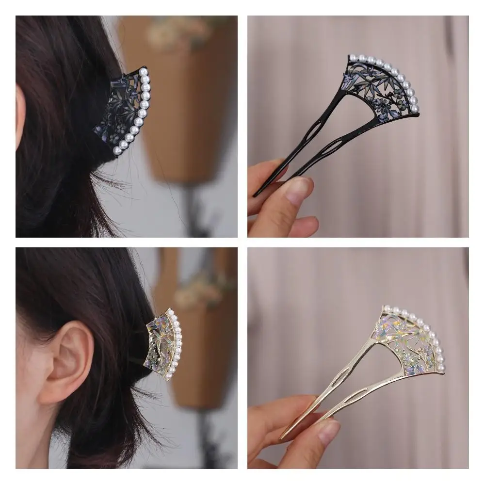 Retro Pearl Fan Hair Stick U-shaped Chinese Style Hanfu U Shape Hairpin Hair Chopstick Hanfu Headwear for Women