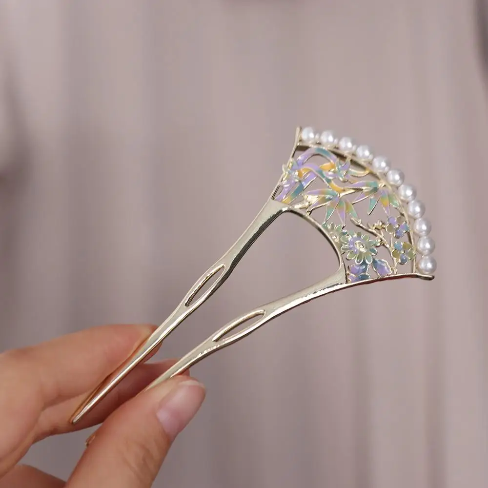 Retro Pearl Fan Hair Stick U-shaped Chinese Style Hanfu U Shape Hairpin Hair Chopstick Hanfu Headwear for Women