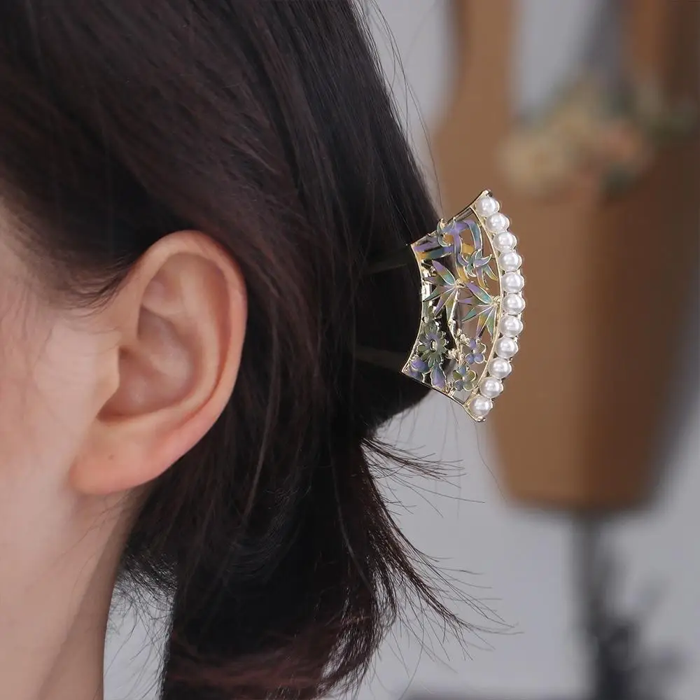 Retro Pearl Fan Hair Stick U-shaped Chinese Style Hanfu U Shape Hairpin Hair Chopstick Hanfu Headwear for Women
