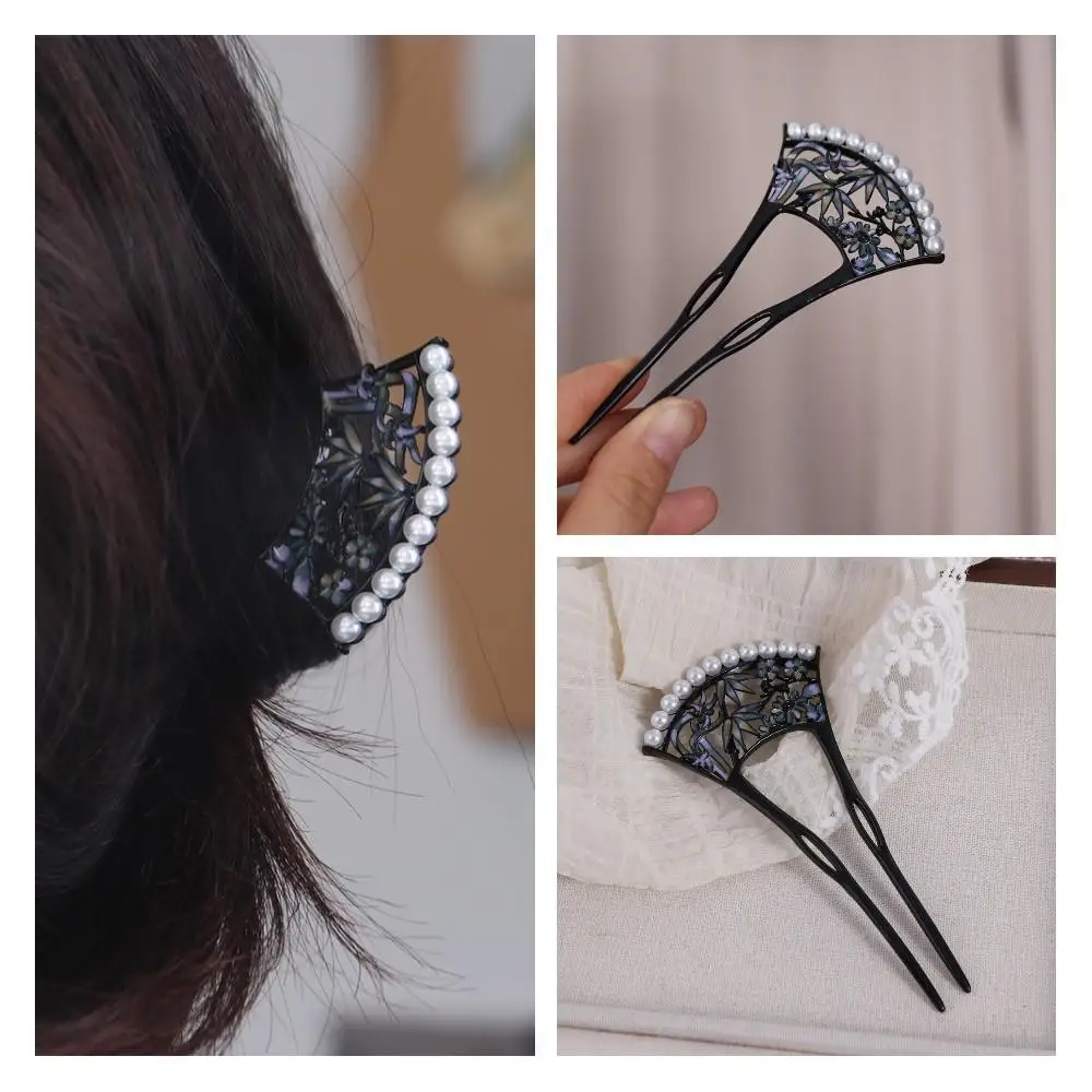 Retro Pearl Fan Hair Stick U-shaped Chinese Style Hanfu U Shape Hairpin Hair Chopstick Hanfu Headwear for Women