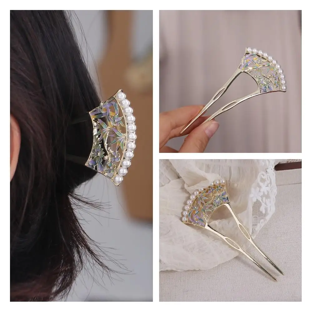Retro Pearl Fan Hair Stick U-shaped Chinese Style Hanfu U Shape Hairpin Hair Chopstick Hanfu Headwear for Women