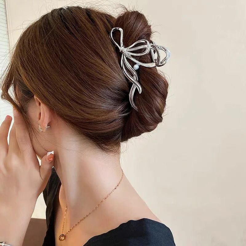 New Fashion Bow Metal Hair Women's High-End Geometric Pearl Temperament Korean Simple Girl Grab Clip Headwear