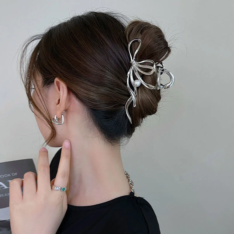 New Fashion Bow Metal Hair Women's High-End Geometric Pearl Temperament Korean Simple Girl Grab Clip Headwear