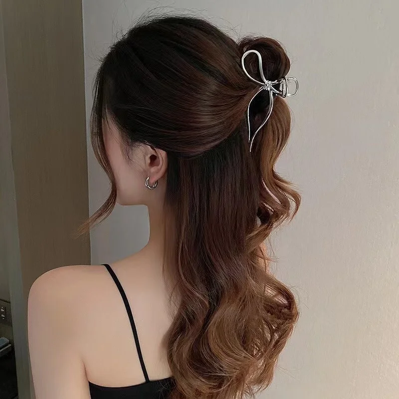 New Fashion Bow Metal Hair Women's High-End Geometric Pearl Temperament Korean Simple Girl Grab Clip Headwear