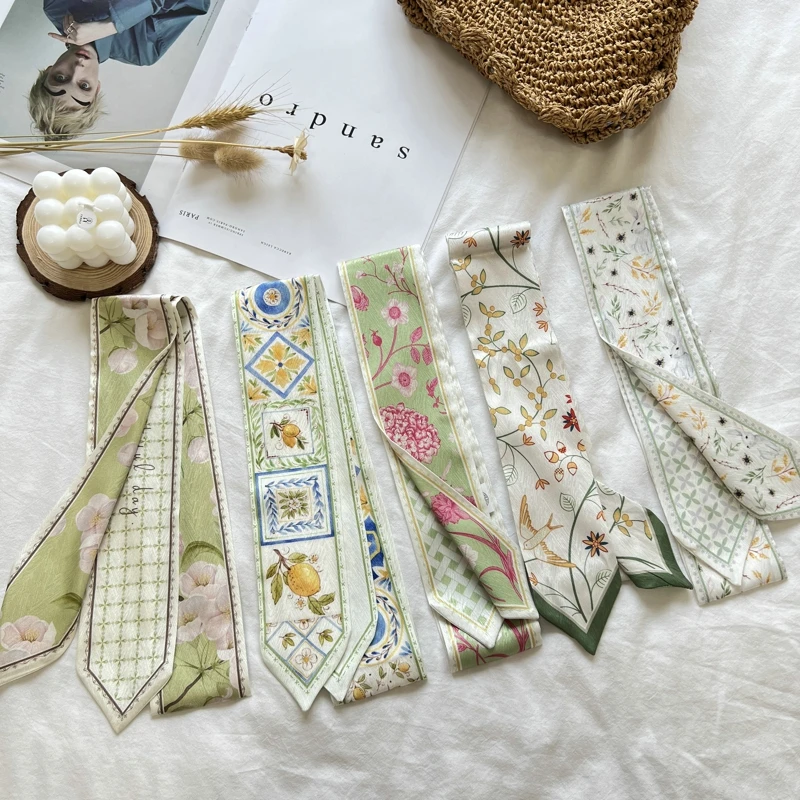 New Long Bag Scarf Women Hair Band Lady Accessories Print Skinny Scarves Headband Satin Ribbon Neck Tie Decorative Bag Scarves