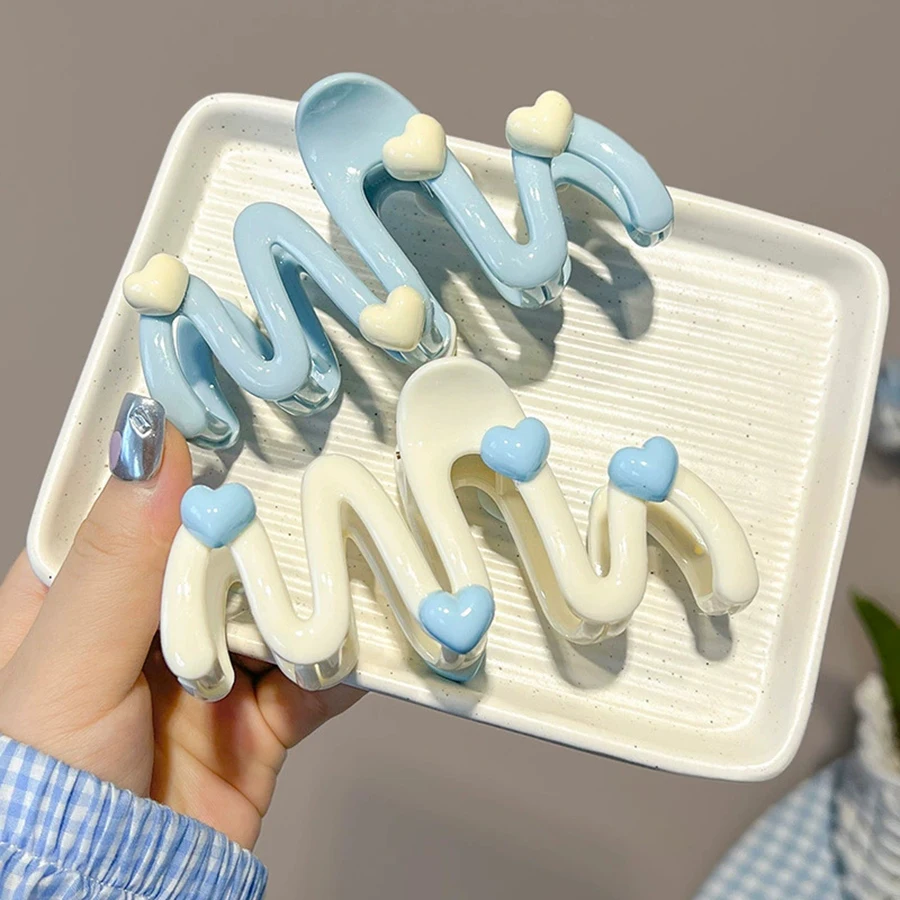 Blue Heart Wave Shaped Hair Claw Cream Color Clips for Women Sweet Cute Irregular Shark Clip Large Ponytail Clip Hairpins 10.5CM